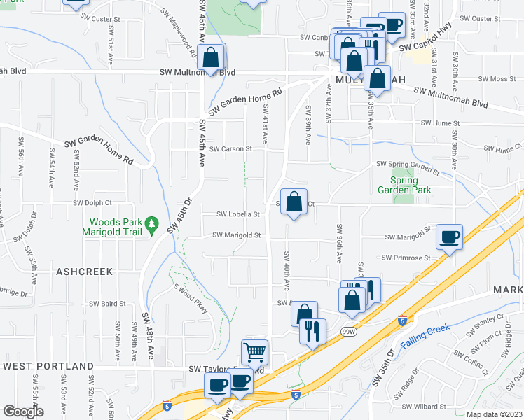 map of restaurants, bars, coffee shops, grocery stores, and more near 4115 Southwest Lobelia Street in Portland