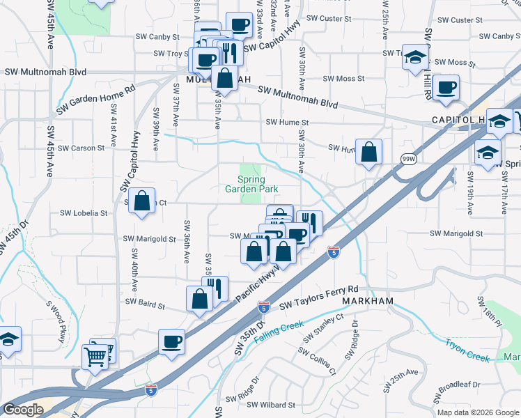 map of restaurants, bars, coffee shops, grocery stores, and more near 3226 Southwest Dolph Court in Portland