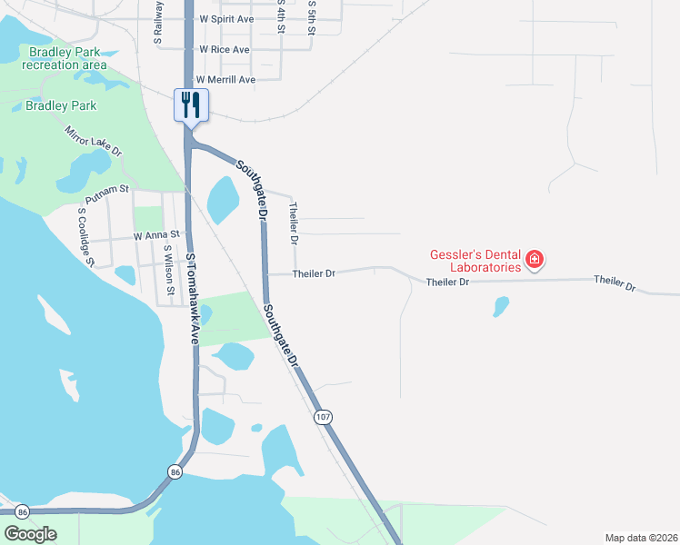map of restaurants, bars, coffee shops, grocery stores, and more near 2 Theiler Drive in Tomahawk
