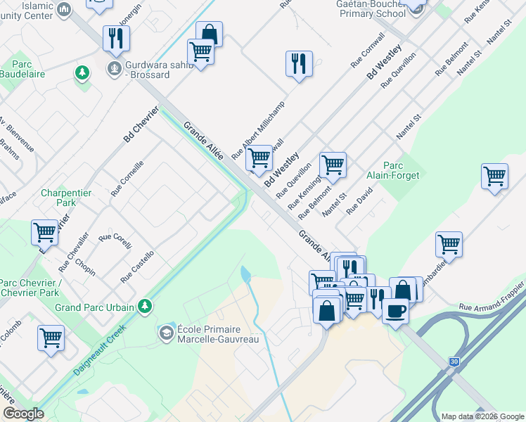 map of restaurants, bars, coffee shops, grocery stores, and more near 6895 Rue du Chardonneret in Brossard