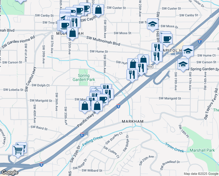 map of restaurants, bars, coffee shops, grocery stores, and more near 2910 Southwest Dolph Court in Portland