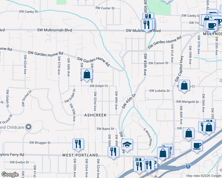 map of restaurants, bars, coffee shops, grocery stores, and more near 8816 Southwest 50th Avenue in Portland