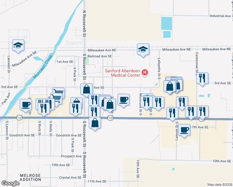 map of restaurants, bars, coffee shops, grocery stores, and more near 2702 3rd Avenue Southeast in Aberdeen