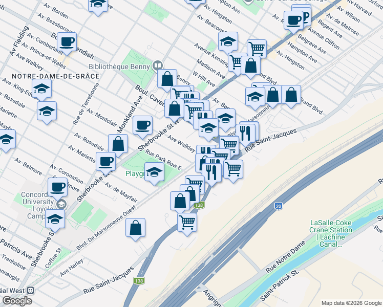 map of restaurants, bars, coffee shops, grocery stores, and more near 2228 Avenue Walkley in Montréal
