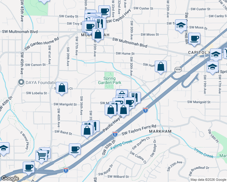 map of restaurants, bars, coffee shops, grocery stores, and more near 3226 Southwest Dolph Court in Portland