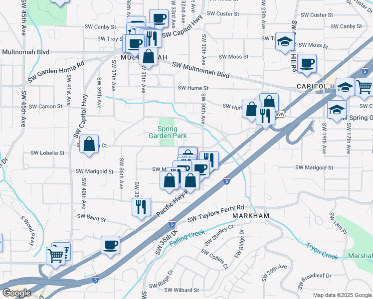 map of restaurants, bars, coffee shops, grocery stores, and more near 3154 Southwest Dolph Court in Portland