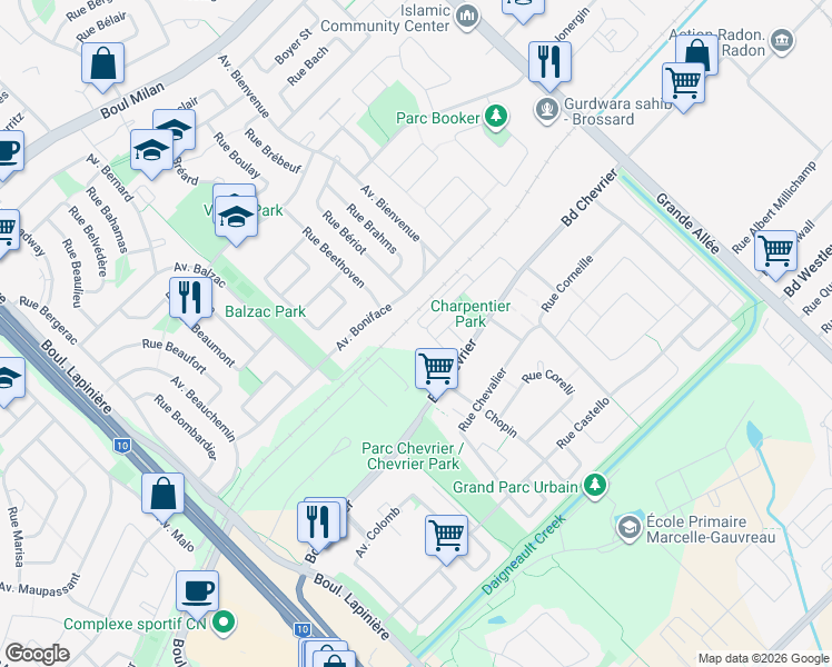 map of restaurants, bars, coffee shops, grocery stores, and more near 6290 Boulevard Chevrier in Brossard