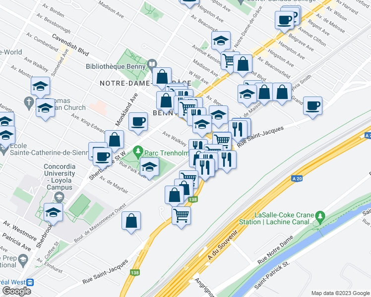 map of restaurants, bars, coffee shops, grocery stores, and more near 2228 Avenue Walkley in Montréal