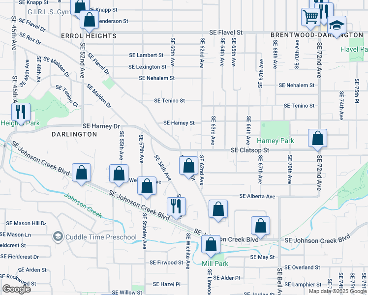 map of restaurants, bars, coffee shops, grocery stores, and more near 6107 Southeast Clatsop Street in Portland