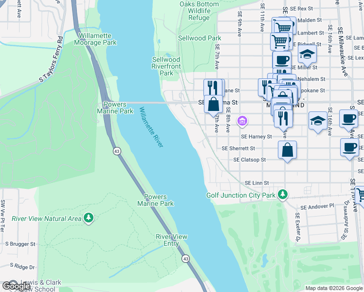 map of restaurants, bars, coffee shops, grocery stores, and more near 314 SE Spokane St in Portland