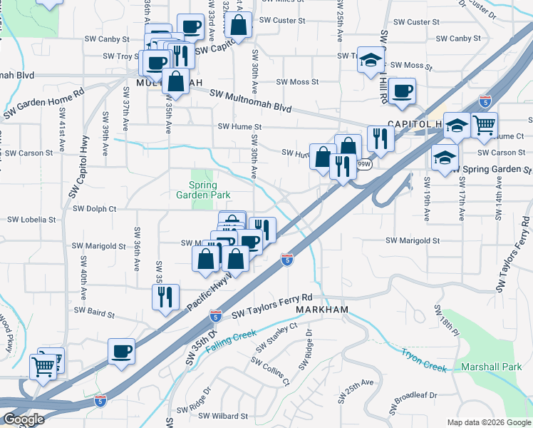 map of restaurants, bars, coffee shops, grocery stores, and more near 8620 Southwest 30th Avenue in Portland