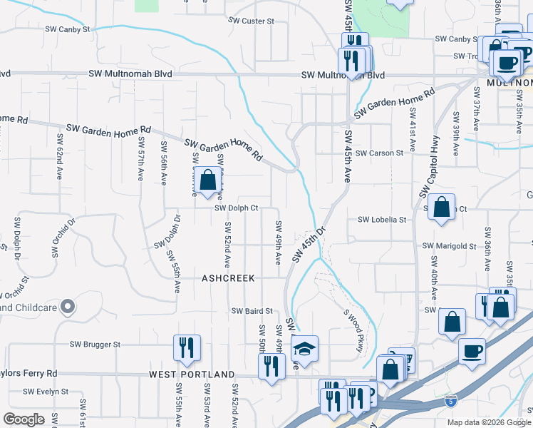 map of restaurants, bars, coffee shops, grocery stores, and more near 5026 Southwest Robert Court in Portland