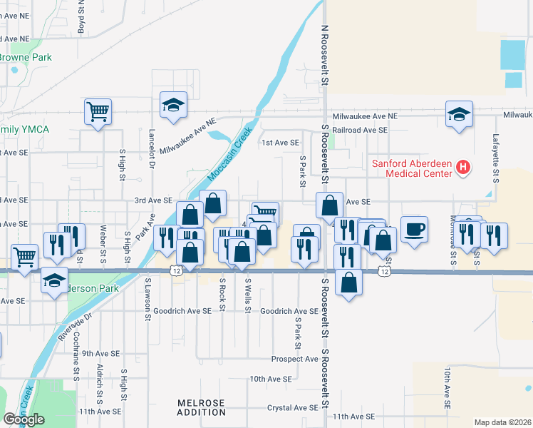 map of restaurants, bars, coffee shops, grocery stores, and more near 2120 3rd Avenue Southeast in Aberdeen