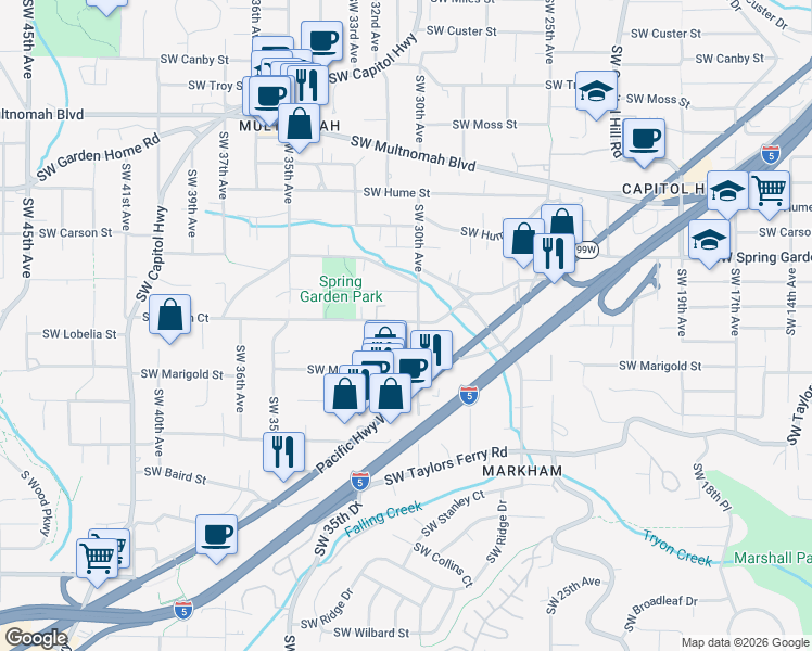 map of restaurants, bars, coffee shops, grocery stores, and more near 3114 Southwest Dolph Court in Portland