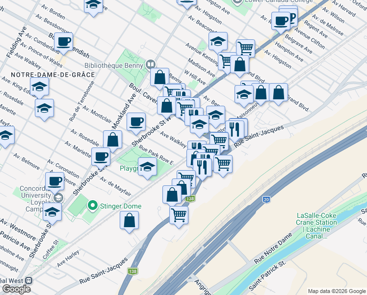 map of restaurants, bars, coffee shops, grocery stores, and more near 2228 Avenue Walkley in Montreal