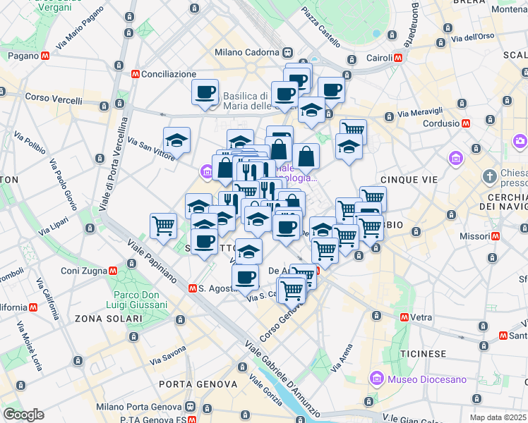 map of restaurants, bars, coffee shops, grocery stores, and more near in Milan