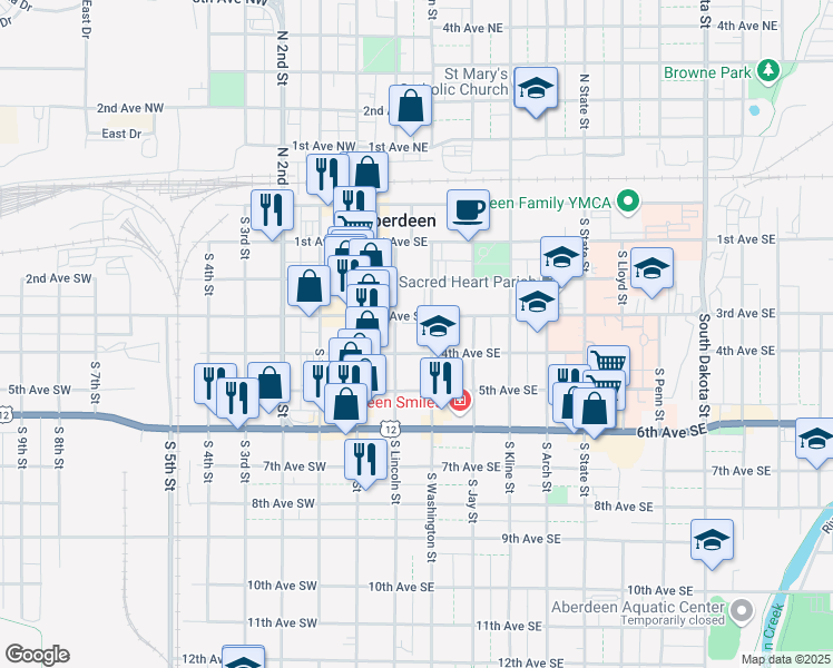map of restaurants, bars, coffee shops, grocery stores, and more near 115 4th Avenue Southeast in Aberdeen