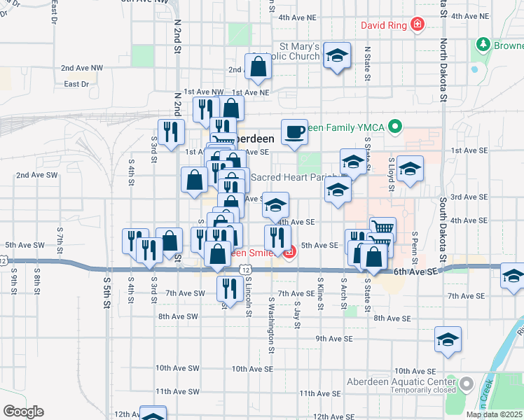 map of restaurants, bars, coffee shops, grocery stores, and more near 115 4th Avenue Southeast in Aberdeen