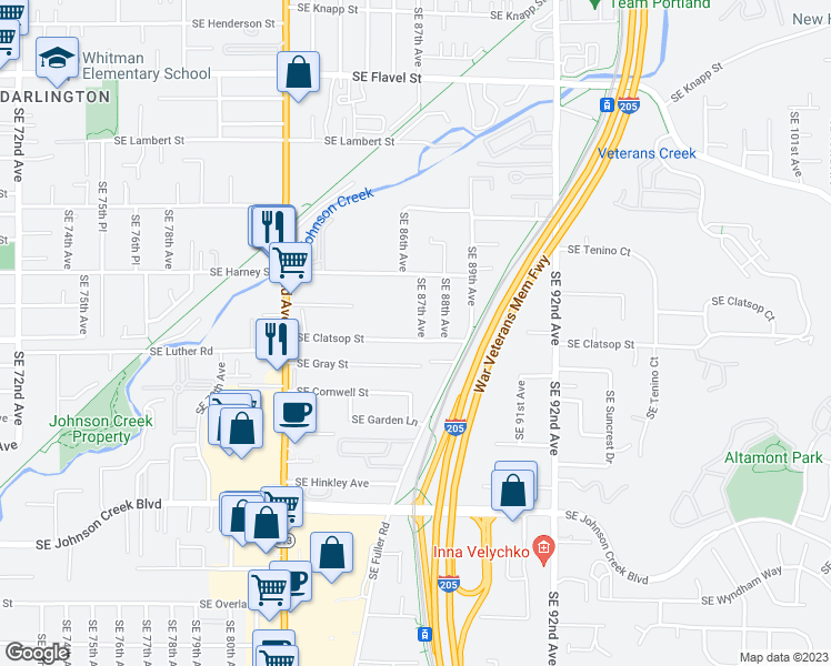 map of restaurants, bars, coffee shops, grocery stores, and more near 8645 Southeast Clatsop Street in Portland