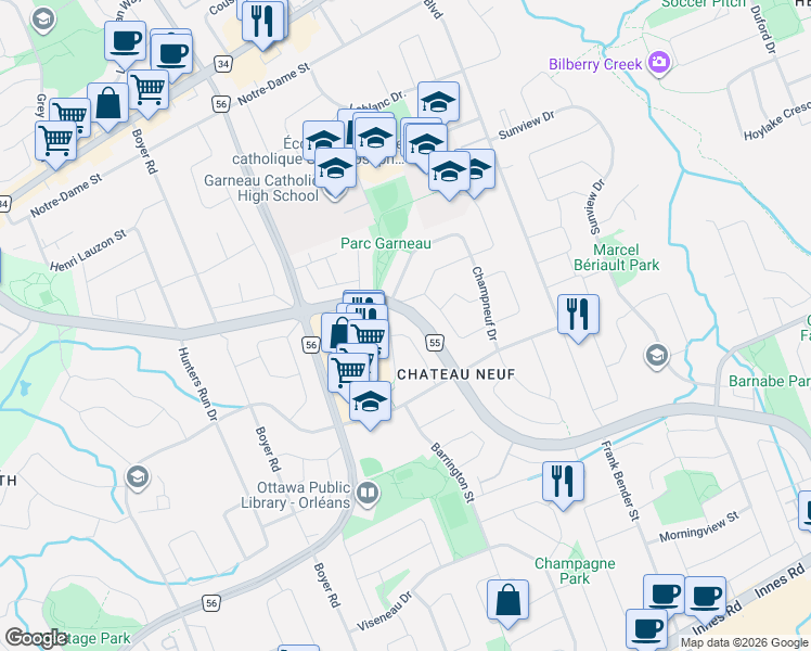 map of restaurants, bars, coffee shops, grocery stores, and more near 1629 Greywood Drive in Ottawa