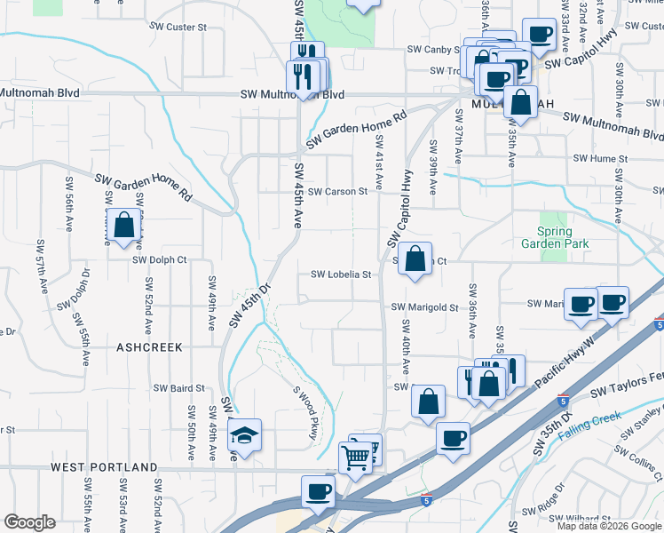 map of restaurants, bars, coffee shops, grocery stores, and more near 8721 Southwest 42nd Avenue in Portland