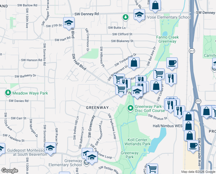 map of restaurants, bars, coffee shops, grocery stores, and more near 8095 Southwest Hall Boulevard in Beaverton
