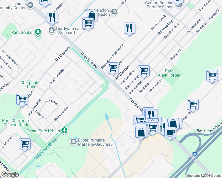 map of restaurants, bars, coffee shops, grocery stores, and more near 6925 Rue du Chardonneret in Brossard