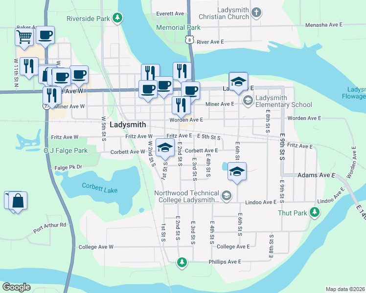 map of restaurants, bars, coffee shops, grocery stores, and more near 320 East 2nd Street South in Ladysmith