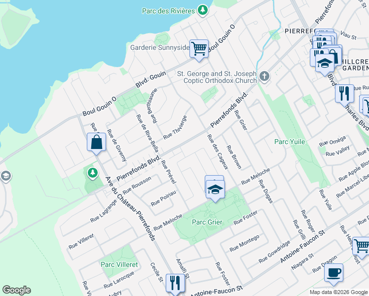 map of restaurants, bars, coffee shops, grocery stores, and more near 17784 Pierrefonds Boulevard in Montreal