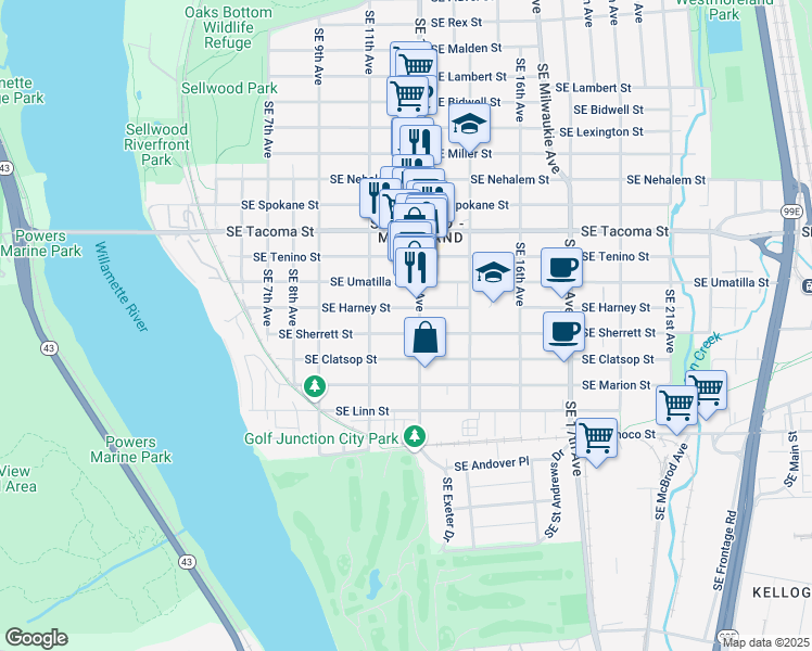 map of restaurants, bars, coffee shops, grocery stores, and more near 1213 Southeast Sherrett Street in Portland