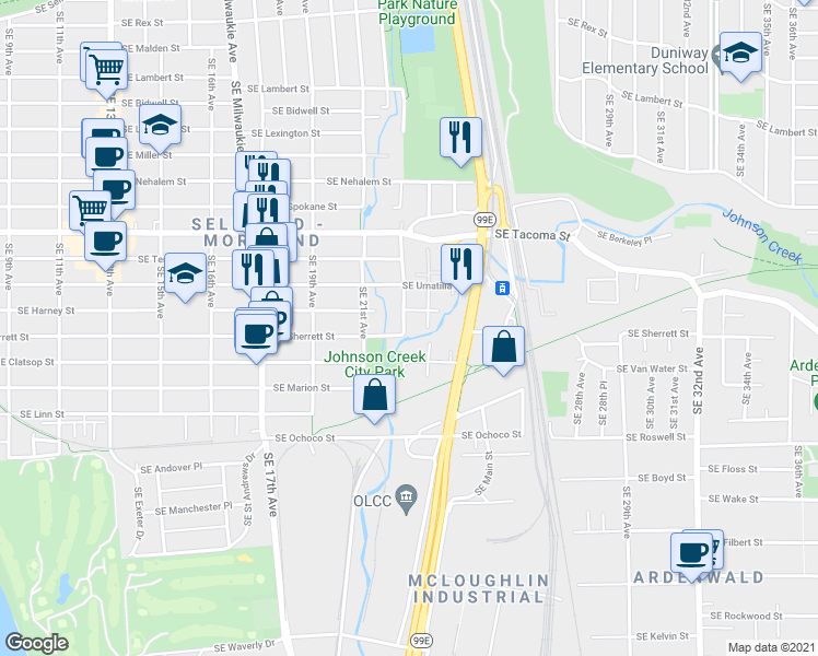 map of restaurants, bars, coffee shops, grocery stores, and more near 8333 Southeast 23rd Avenue in Portland