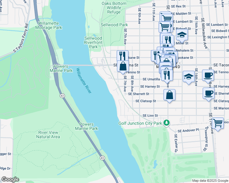 map of restaurants, bars, coffee shops, grocery stores, and more near 100 Southeast Harney Street in Portland
