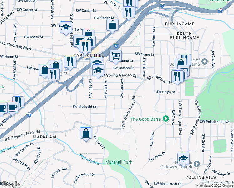 map of restaurants, bars, coffee shops, grocery stores, and more near 1520 Southwest Dolph Street in Portland