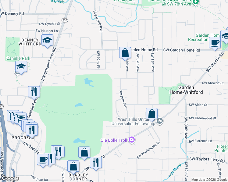 map of restaurants, bars, coffee shops, grocery stores, and more near 8940 Southwest Crystal Street in Portland