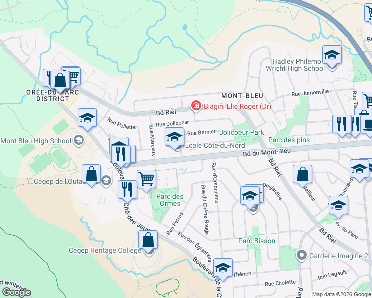 map of restaurants, bars, coffee shops, grocery stores, and more near 35 Rue Hinchey in Gatineau