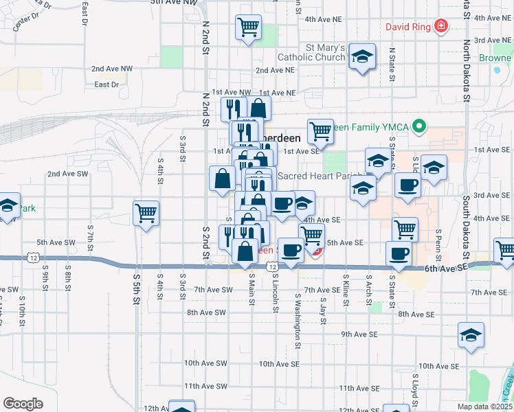 map of restaurants, bars, coffee shops, grocery stores, and more near 302 South Main Street in Aberdeen