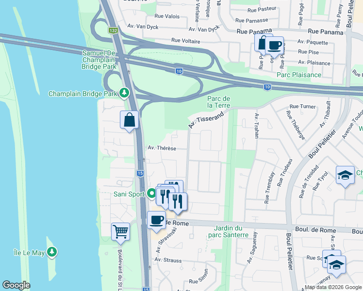 map of restaurants, bars, coffee shops, grocery stores, and more near 640 Avenue Thérèse in Brossard