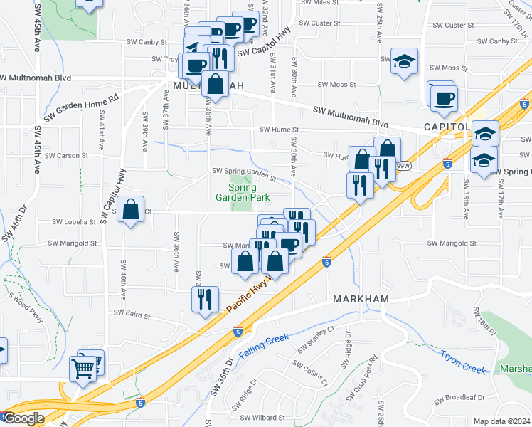 map of restaurants, bars, coffee shops, grocery stores, and more near 3160 Southwest Dolph Court in Portland