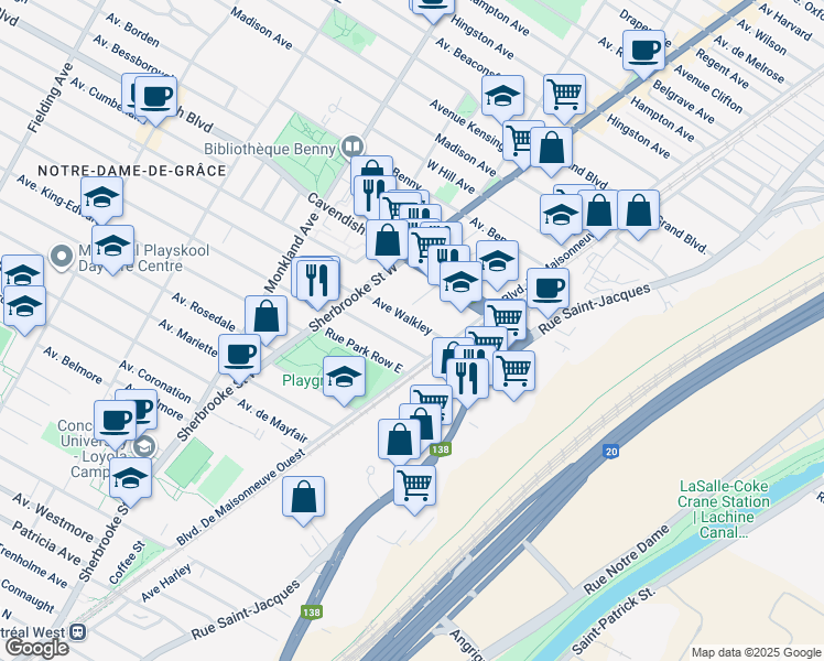 map of restaurants, bars, coffee shops, grocery stores, and more near 2330 Avenue Walkley in Montréal