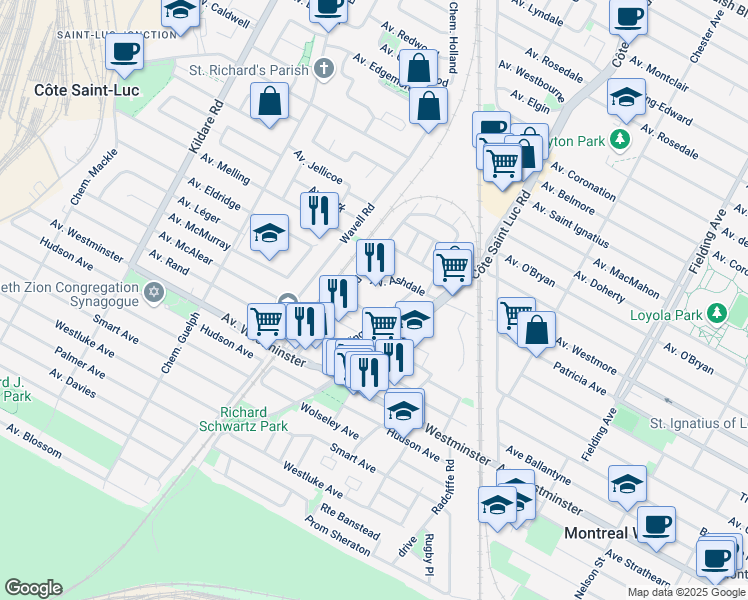 map of restaurants, bars, coffee shops, grocery stores, and more near 5525 Trent Avenue in Côte Saint-Luc
