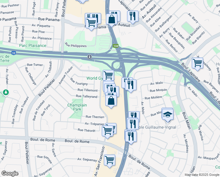 map of restaurants, bars, coffee shops, grocery stores, and more near 7250 Taschereau Boulevard in Brossard