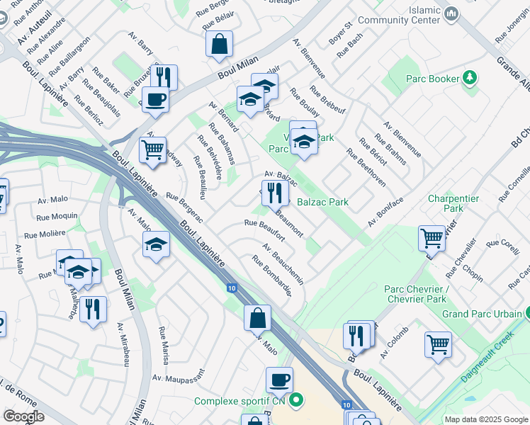 map of restaurants, bars, coffee shops, grocery stores, and more near 3615 Rue Beaumont in Brossard