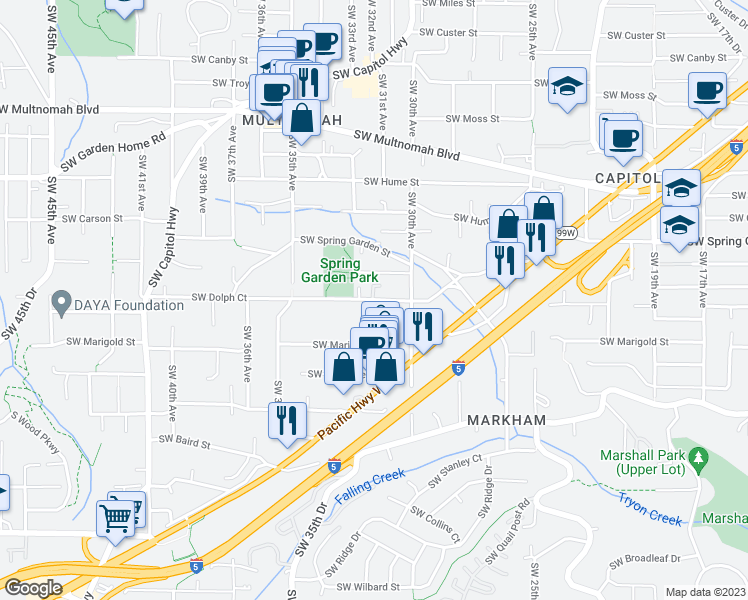 map of restaurants, bars, coffee shops, grocery stores, and more near 3153 Southwest Dolph Court in Portland