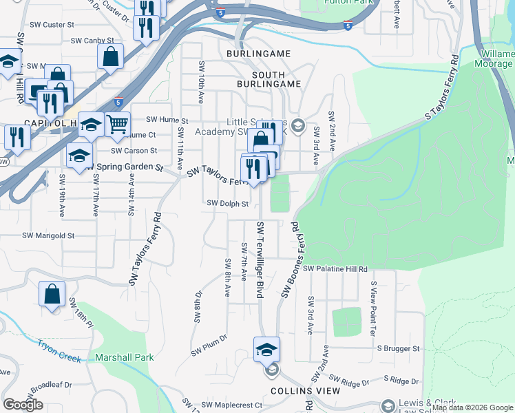 map of restaurants, bars, coffee shops, grocery stores, and more near 8737 Southwest Terwilliger Boulevard in Portland