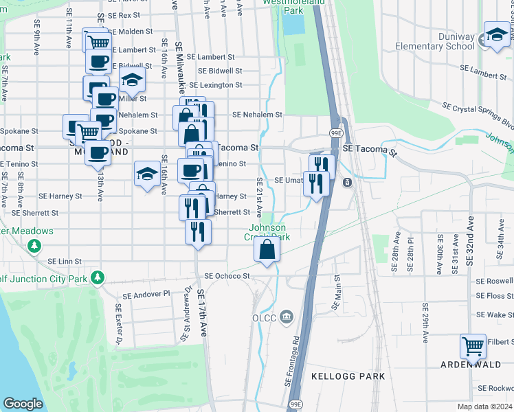 map of restaurants, bars, coffee shops, grocery stores, and more near 8421 Southeast 21st Avenue in Portland