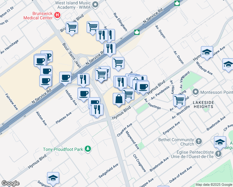map of restaurants, bars, coffee shops, grocery stores, and more near 189 Boulevard Hymus in Pointe-Claire