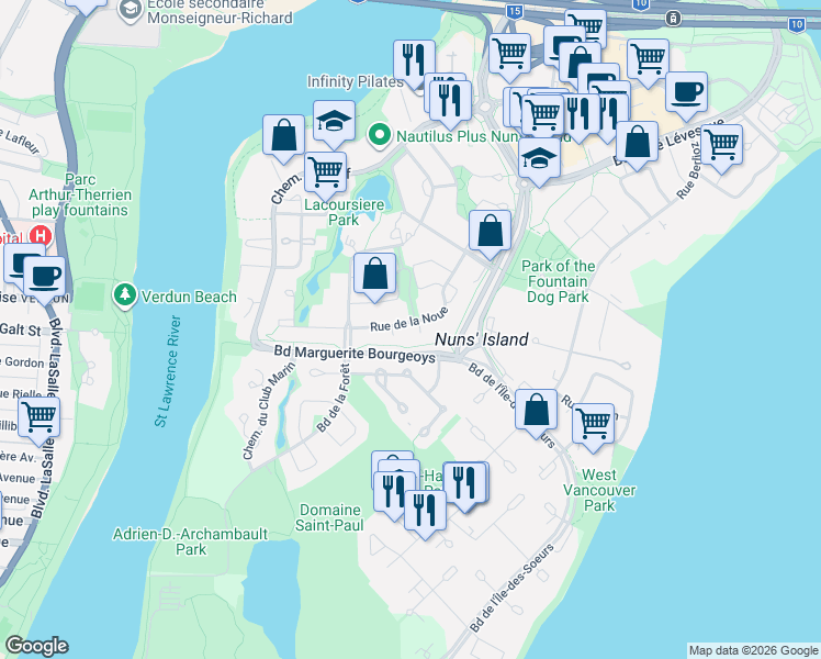 map of restaurants, bars, coffee shops, grocery stores, and more near 595 Rue de la Noue in Montréal