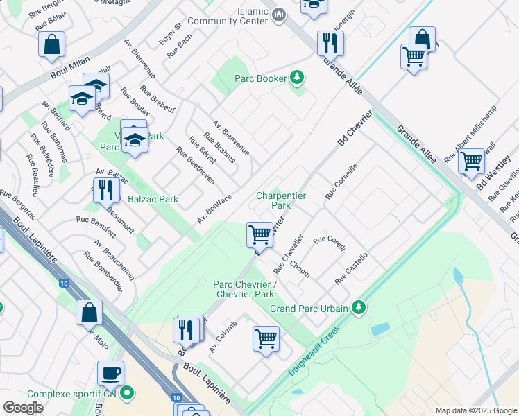 map of restaurants, bars, coffee shops, grocery stores, and more near 6195 Rue Charpentier in Brossard