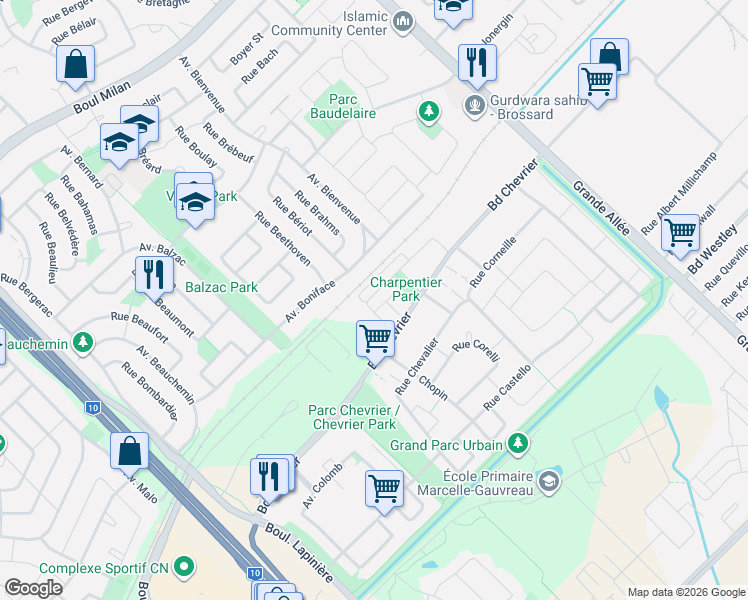 map of restaurants, bars, coffee shops, grocery stores, and more near 6195 Rue Charpentier in Brossard