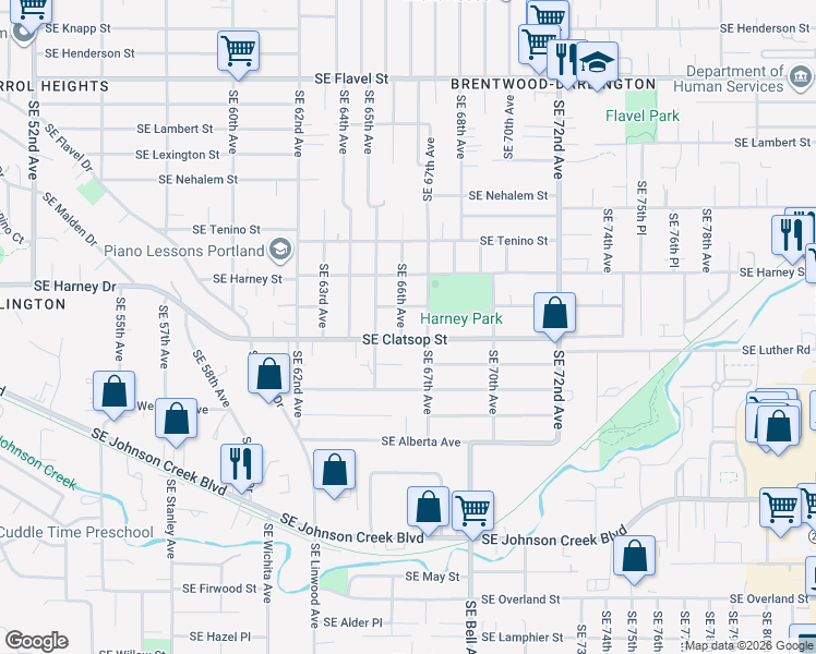 map of restaurants, bars, coffee shops, grocery stores, and more near 8529 Southeast 67th Avenue in Portland